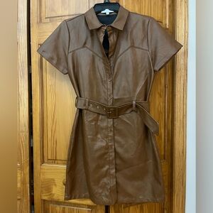 NWOT brown leather faux dress with waist belt